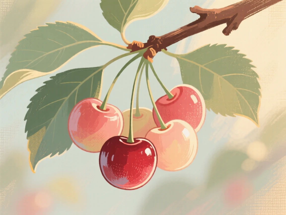 A close-up of ripe cherries clustered on a leafy branch