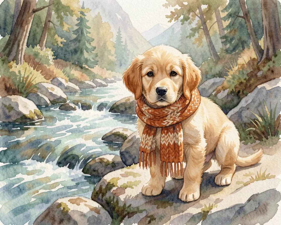 A golden retriever puppy near a mountain stream wearing a cozy knitted scarf.