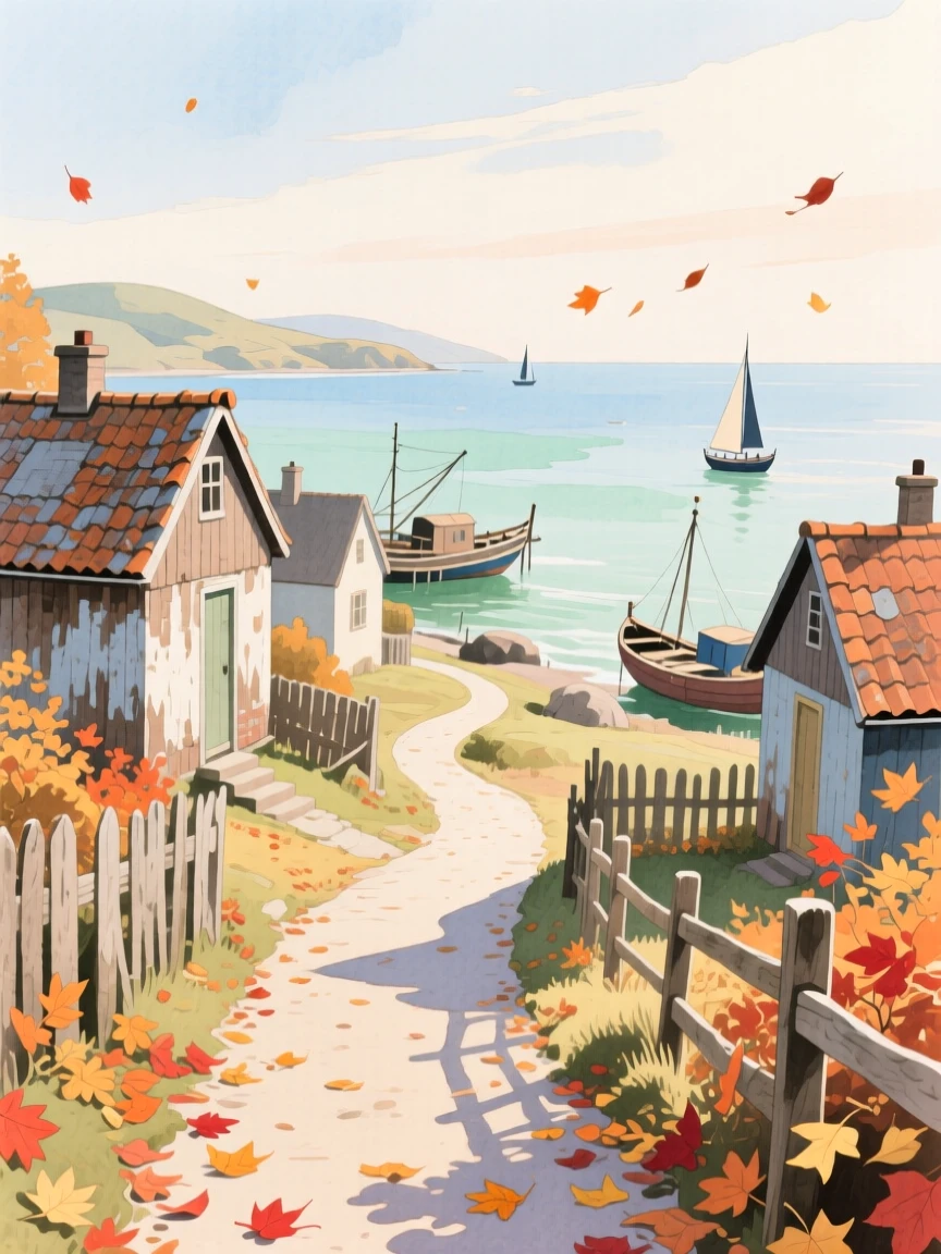 A breathtaking view of a coastal fishing village as autumn leaves fall, with a narrow path winding through