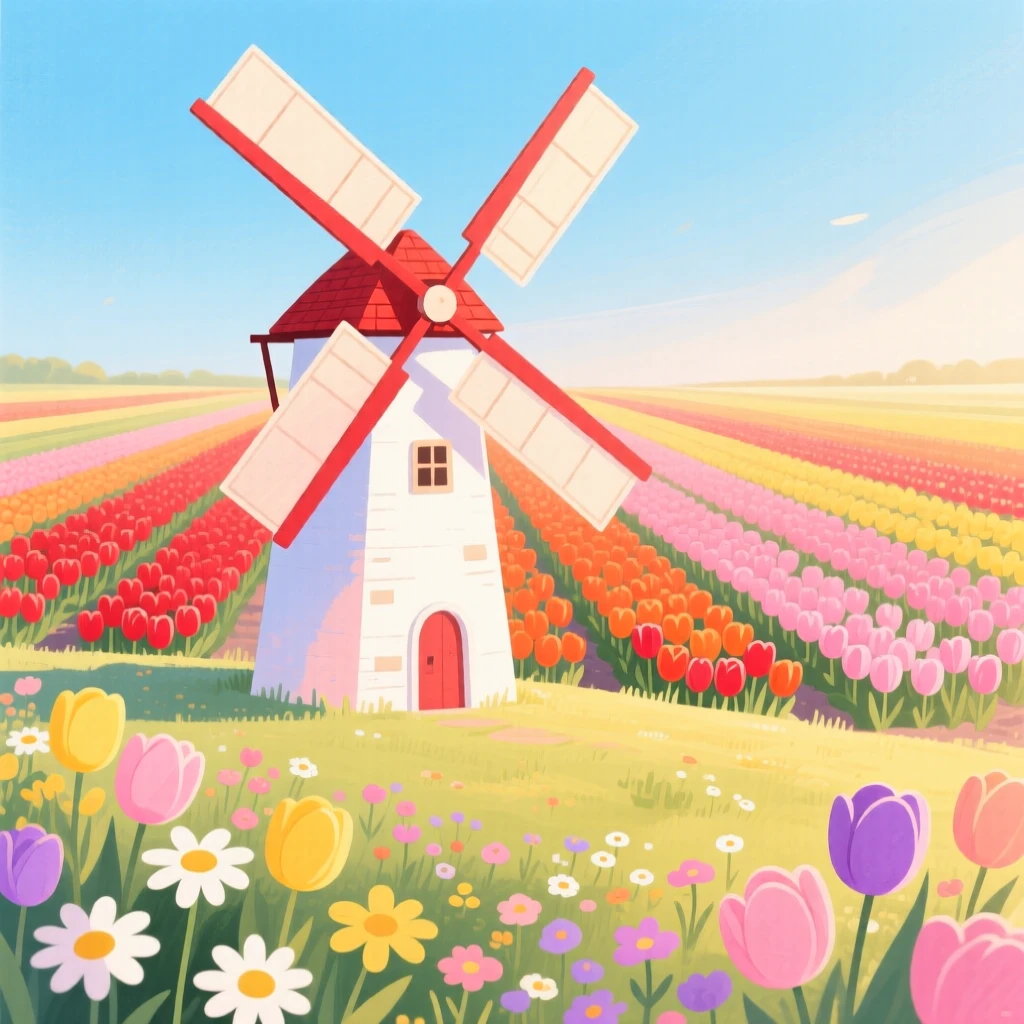 A windmill overlooking a tulip field, framed by blooming flowers and soft afternoon light.