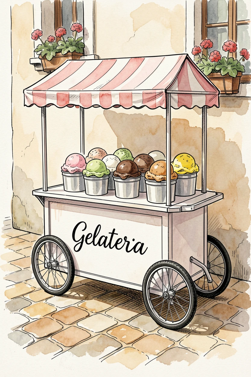 A gelato cart on a sunny Italian street corner, colorful scoops piled high in silver tins