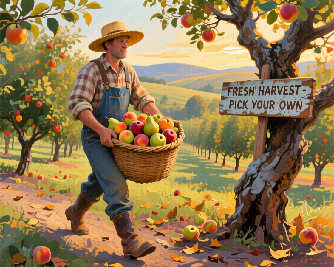a farmer carrying a basket through an orchard, during harvest season, with layered visual detail from foreground to horizon.
