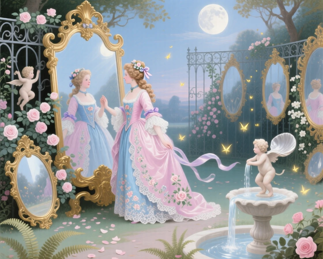 A princess meeting her future self in a moonlit mirror garden  