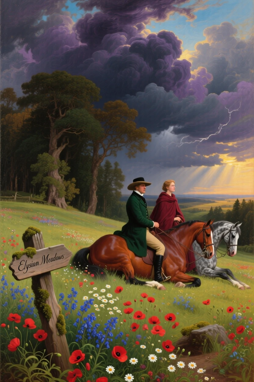 A pair of riders rests near a rolling meadow scattered with wildflowers beneath a darkening sky.