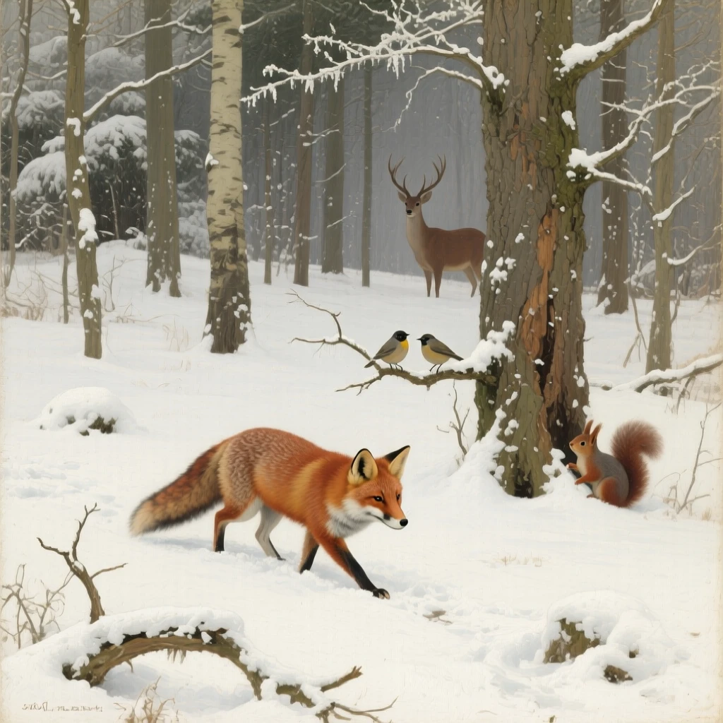 A red fox padding through a freshly snow-covered forest, as the surrounding wildlife goes on undisturbed, capturing a rare and intimate glimpse into wild life