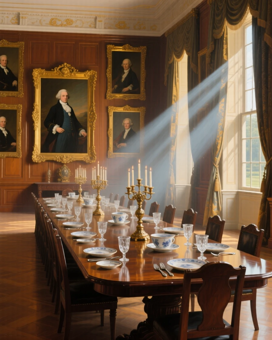 A stately dining hall with a long table set beneath ancestral portraits catching the first light of morning through tall windows, set within a palace built for generations of nobility, with dust motes drifting through slanted beams of colored light; warm interior light contrasts with cool light spilling in from outside, radiating history, refinement, and permanence.