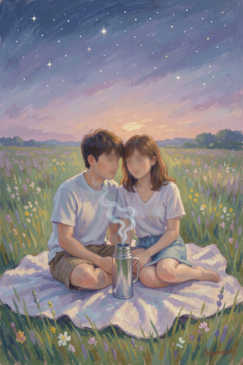 A young couple stargazing on a blanket in a meadow, a thermos of tea between them.