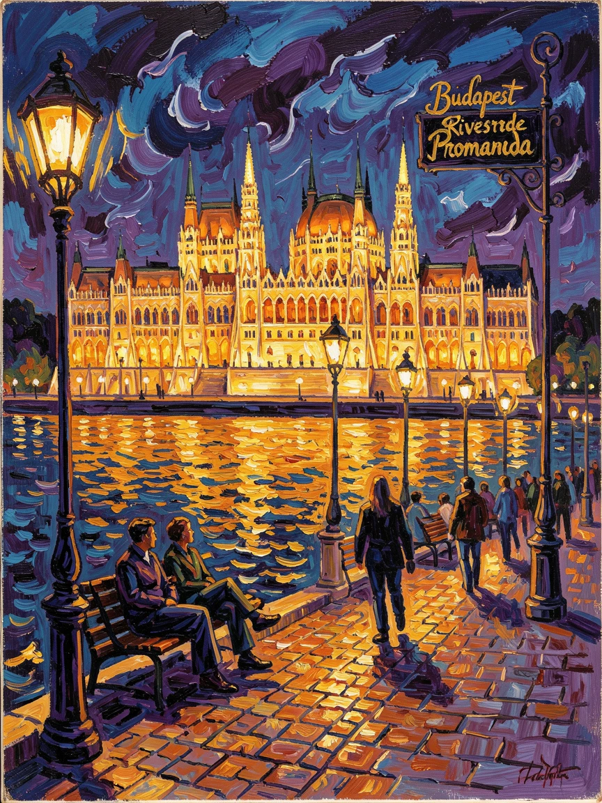 A riverside promenade in Budapest at night, the parliament building glowing gold across the water.