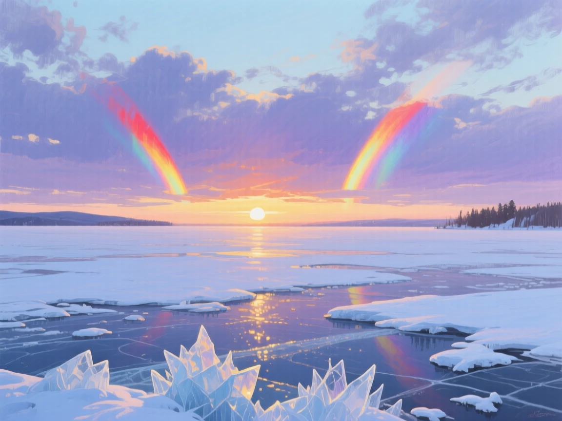 A dramatic winter sky shows sun dogs flanking a low winter sun over a frozen Canadian lake, ice crystals sparkling in the frigid air, subtle color shifts across the sky suggesting the slow passage of time within the scene.