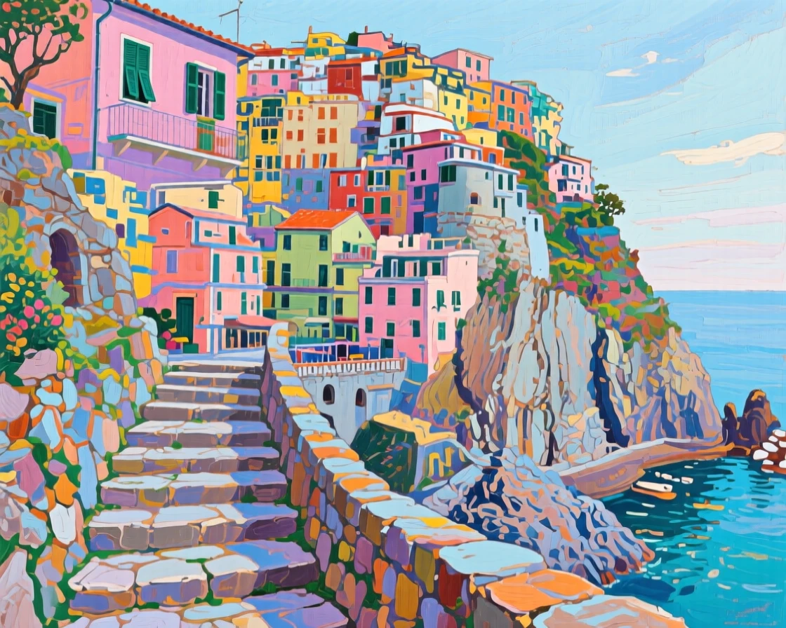 A quiet stone stairway in Cinque Terre winding between pastel-colored cliffside houses
