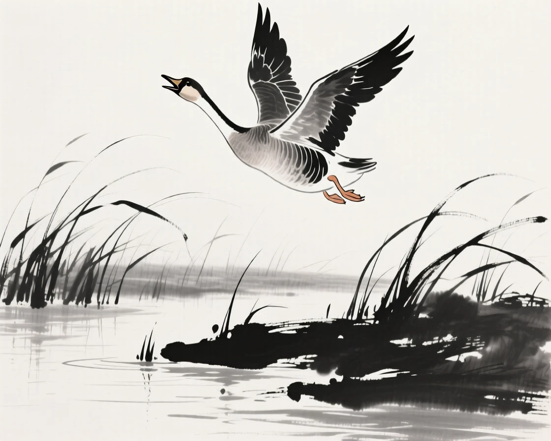 A single goose calls out as it flies low over a reed marsh, as reeds rustle along the riverbank below.