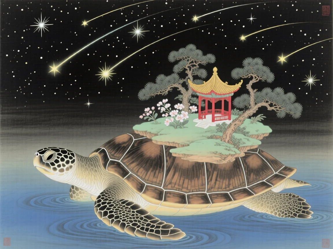 A giant turtle carrying a small floating island on its back beneath a sky filled with shooting stars