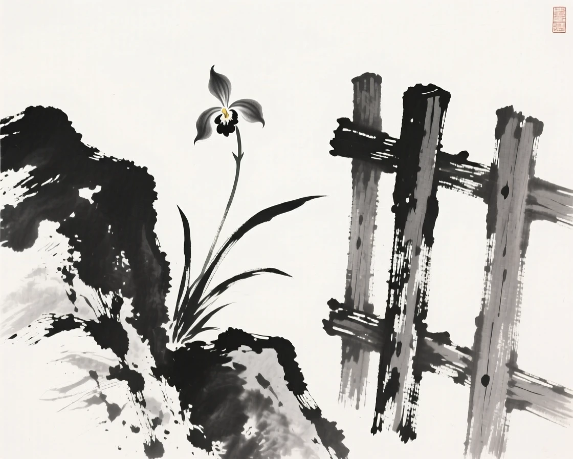 A wild orchid growing from a rock crevice beside a weathered wooden fence, framed asymmetrically for quiet visual balance, suggesting patience, resilience, and quiet strength.
