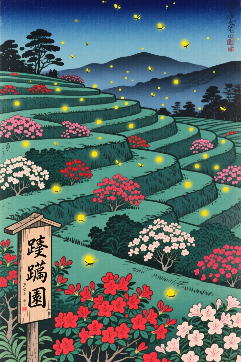 A terraced azalea garden, glowing softly with fireflies at dusk.