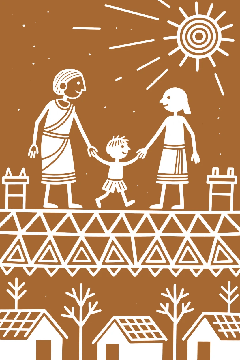 Three generations of one family teaching a child to walk on a rooftop overlooking the village.