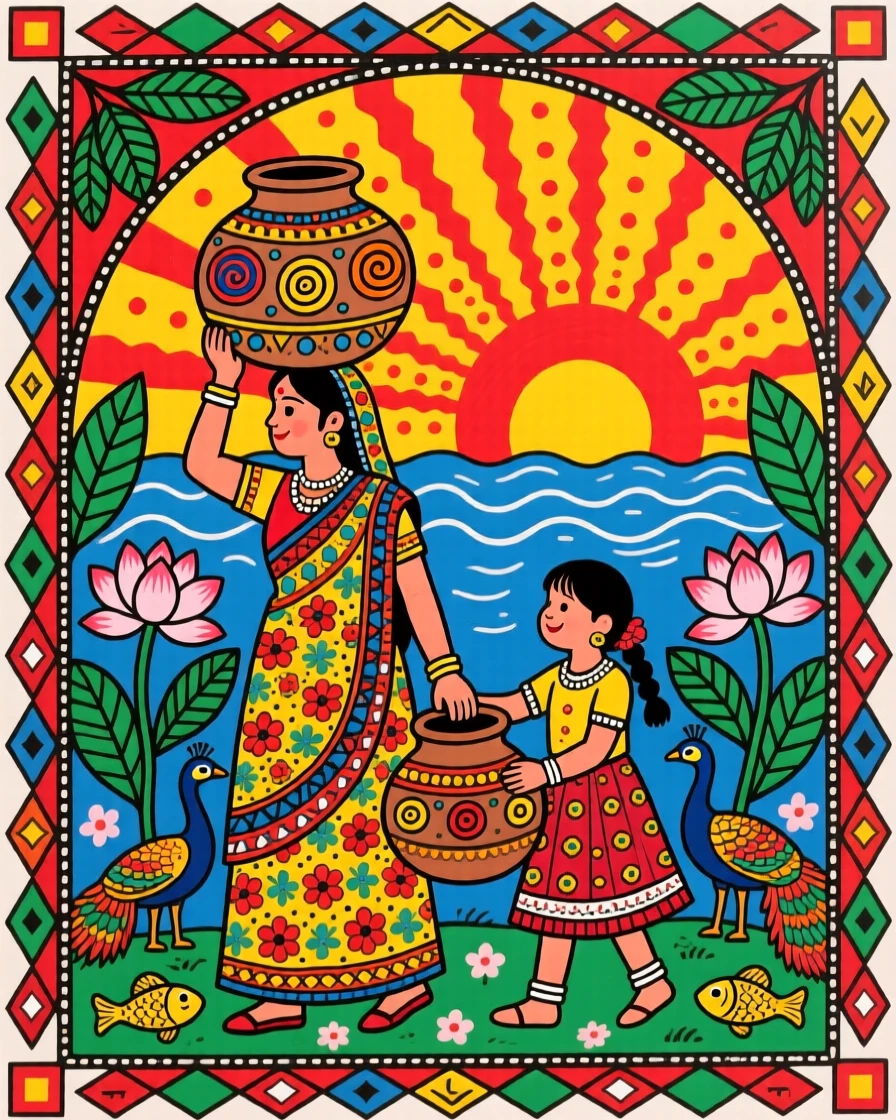 A girl helping her mother carry water home at sunset.