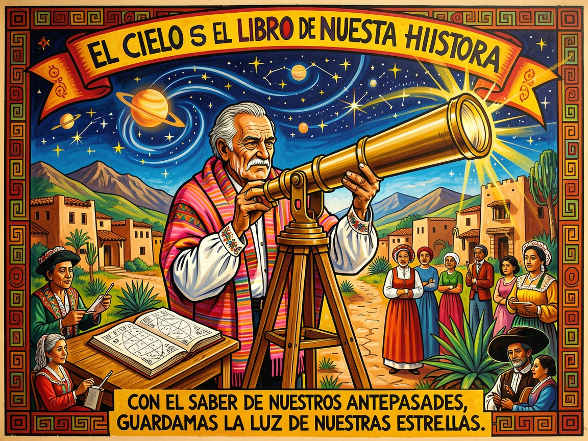 An old astronomer studying the stars with an antique telescope