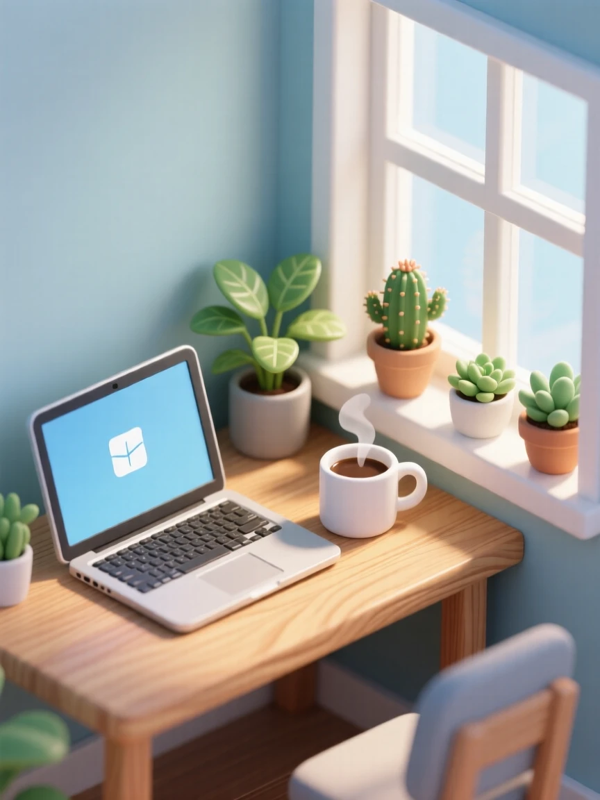 A quiet home office nook with a laptop, a mug of coffee, houseplants lining the windowsill, and sunlight streaming across a wooden desk.