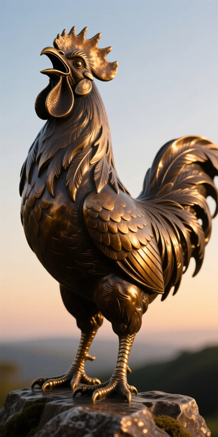 A rooster crowing at the break of dawn, rendered with rich, dynamic energy, evoking wonder and majesty