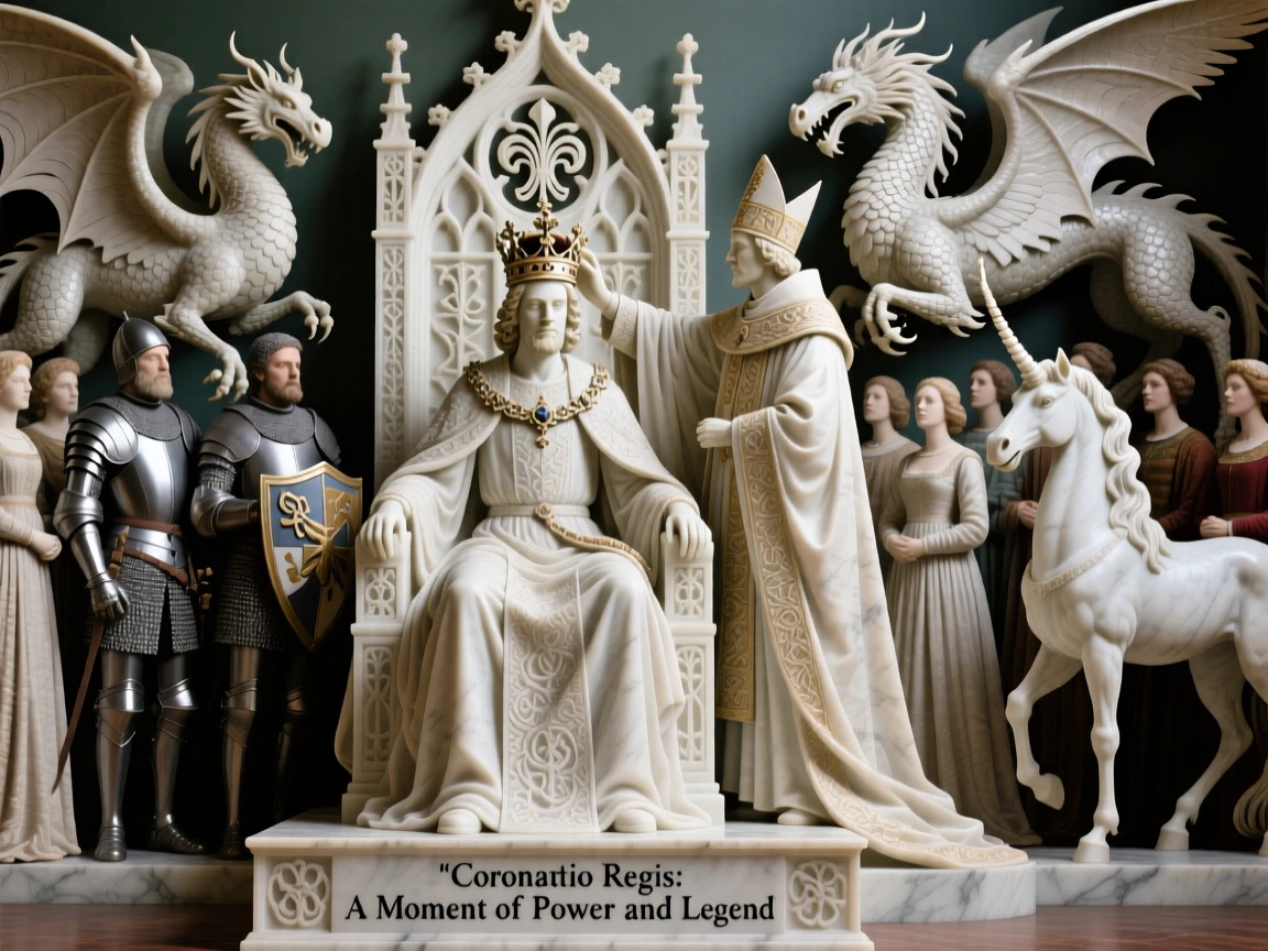 A medieval king being crowned before his court, with mythical creatures gathered nearby, radiating power and legend