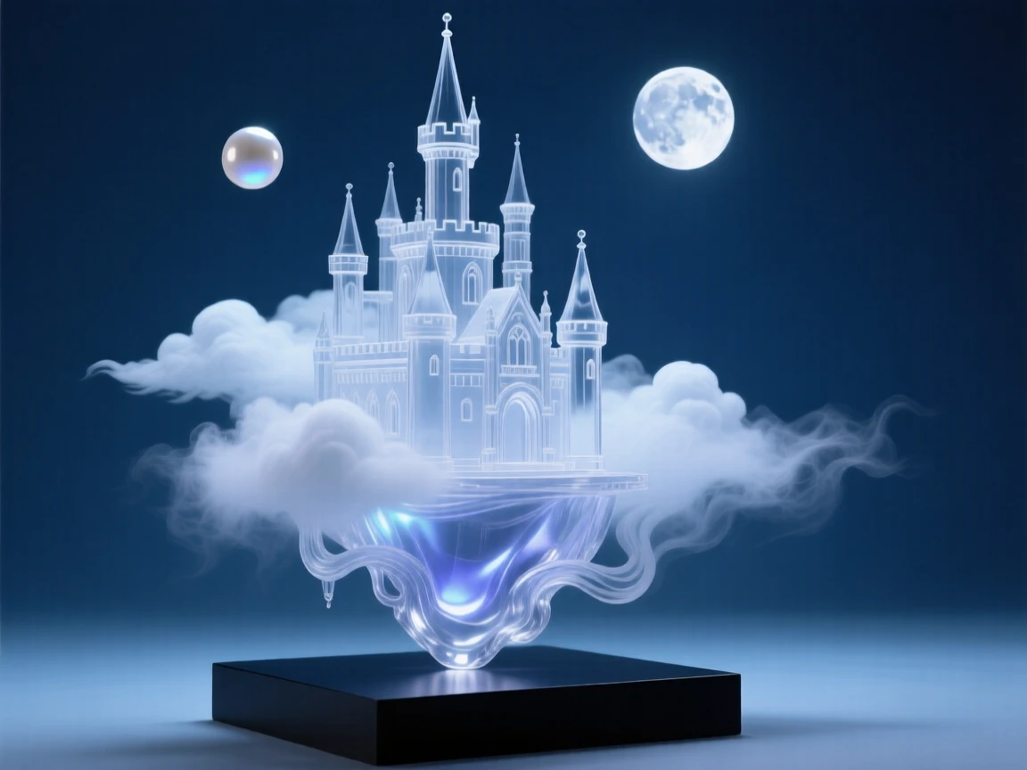 A floating castle among the clouds under a twilight sky filled with two moons, atmospheric fog rolling through the scene, feeling mysterious and enchanting.