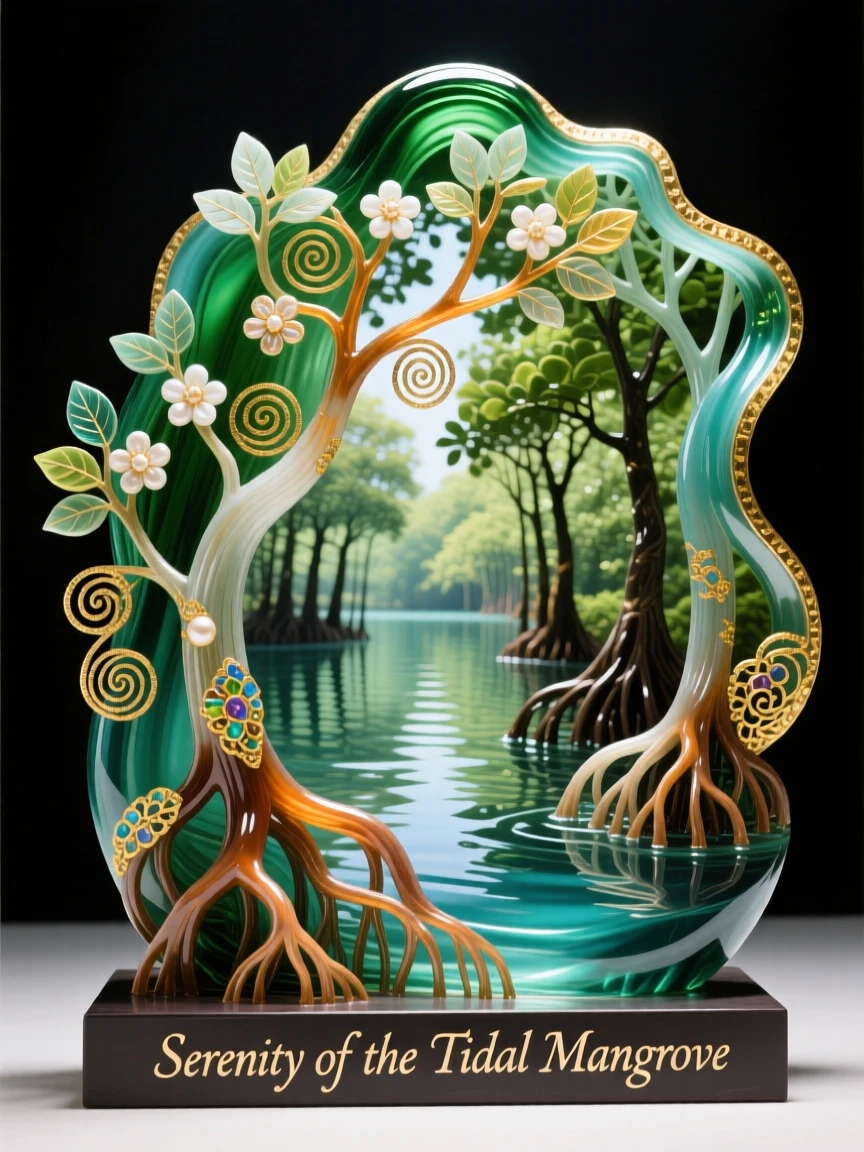 A tranquil mangrove forest reflected perfectly in still tidal water, peaceful and intricate.