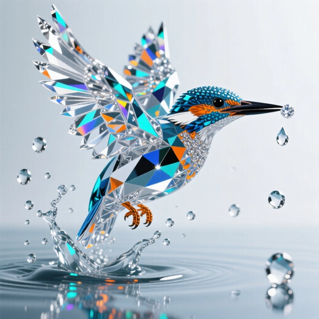 A vibrant kingfisher diving into still water, droplets frozen mid-splash.