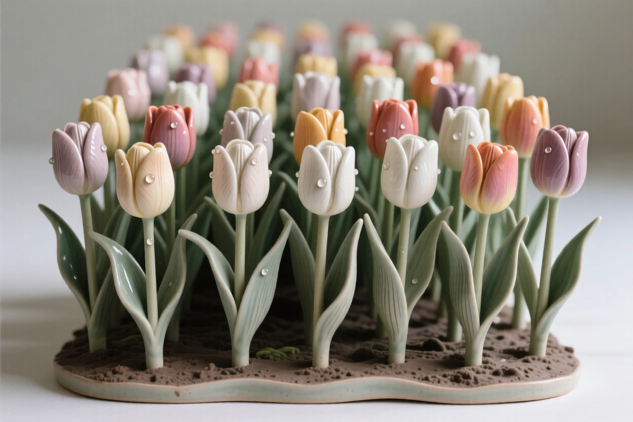 A field of tulips lined in neat rows reaching upward in quiet aspiration, with dew glistening on each petal, conveying the quiet poetry of the natural world.