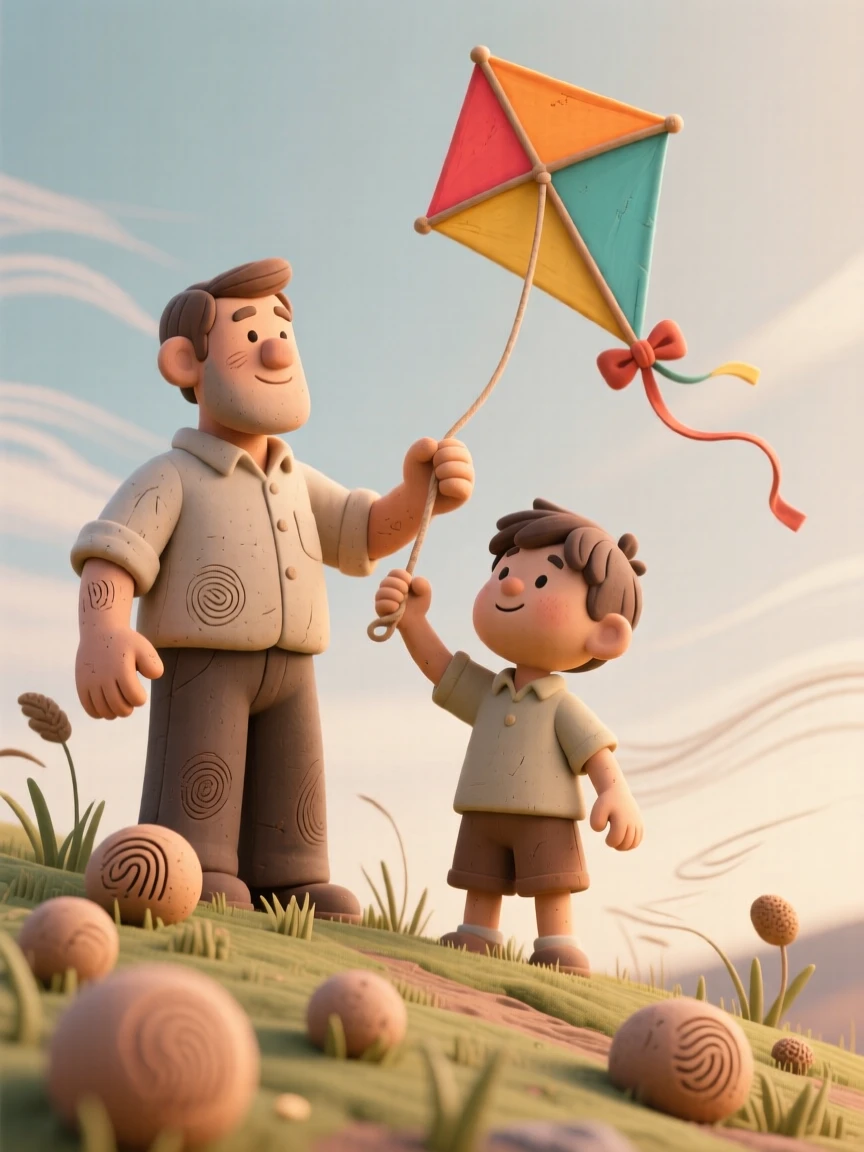 A father teaching his son to fly a kite on a windy hillside