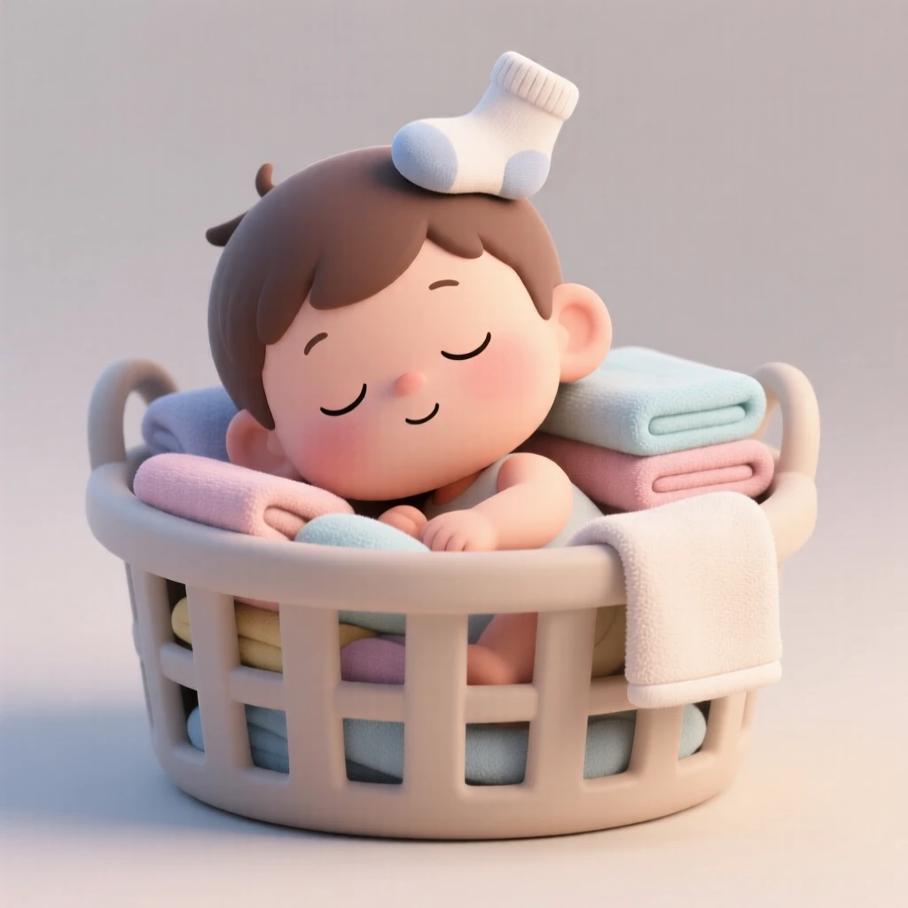 A toddler boy naps soundly inside a laundry basket, surrounded by soft folded towels and a stray sock on his head.