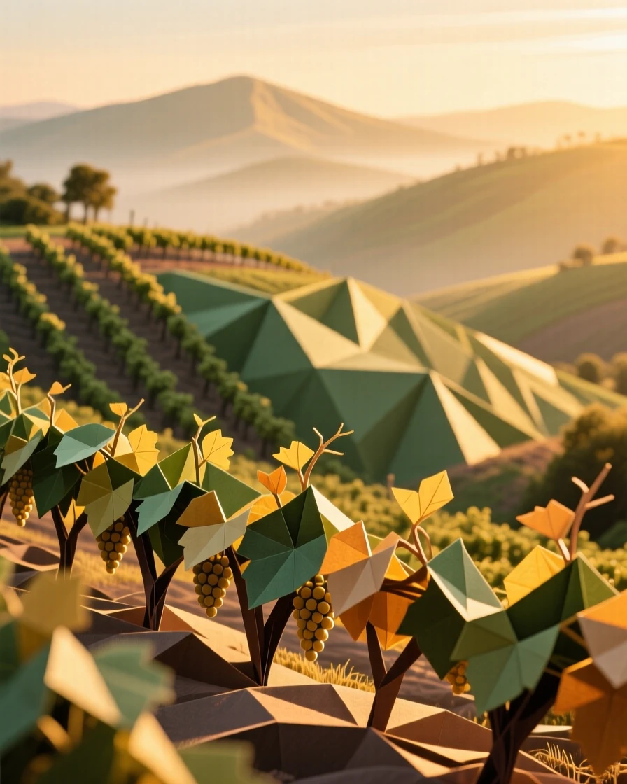 A hillside vineyard glowing gold in the late afternoon sun, distant hills fading into haze.