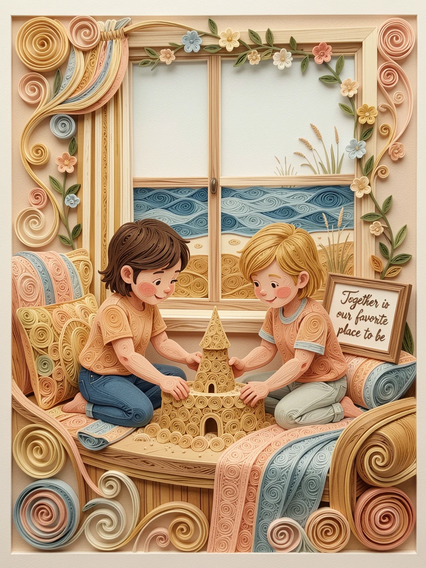 A heartwarming moment of two siblings building a sandcastle together at the beach in a cozy reading nook by a window, in a warm, nostalgic color palette, captured in a tender, intimate close-up moment.