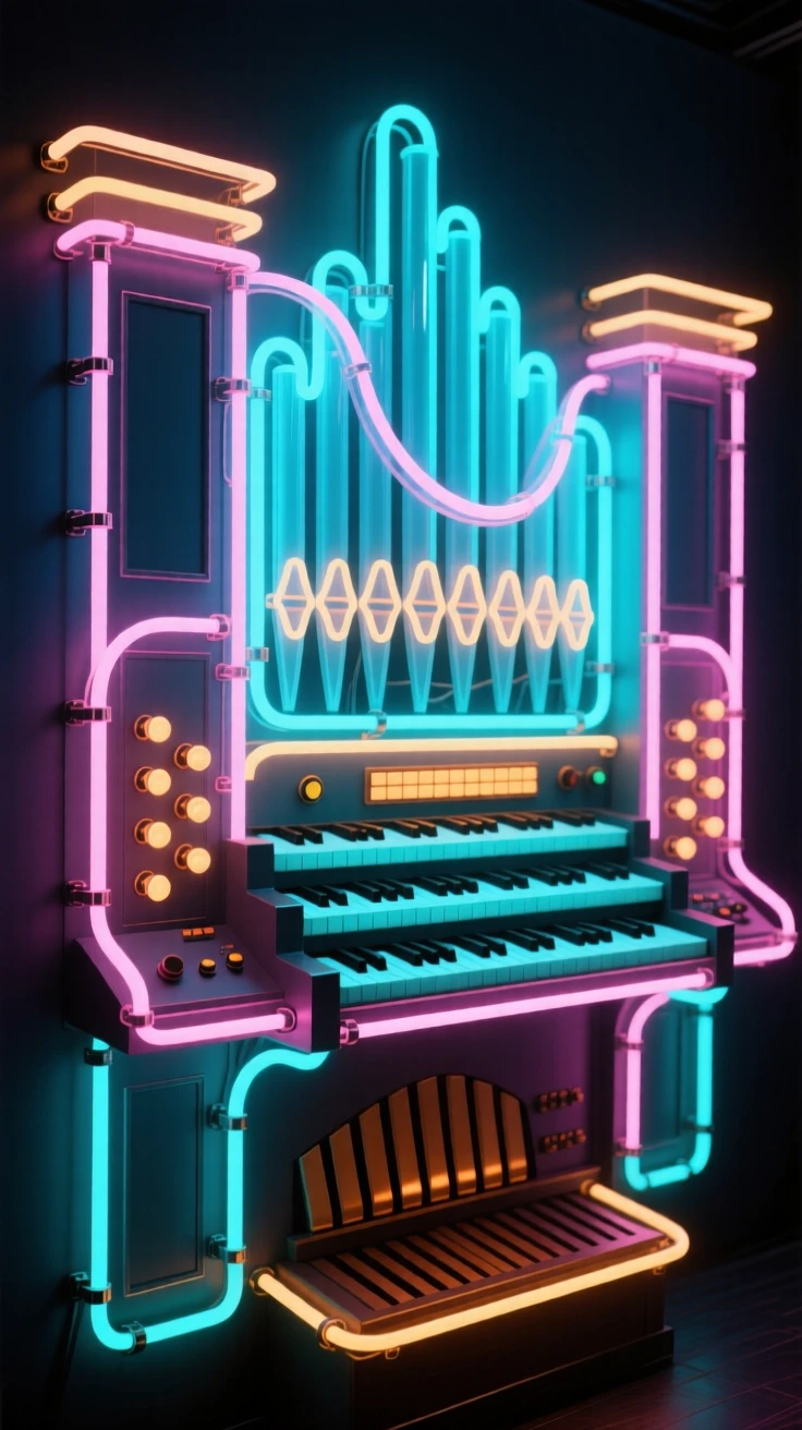 A pipe organ console glowing with rows of illuminated stops.