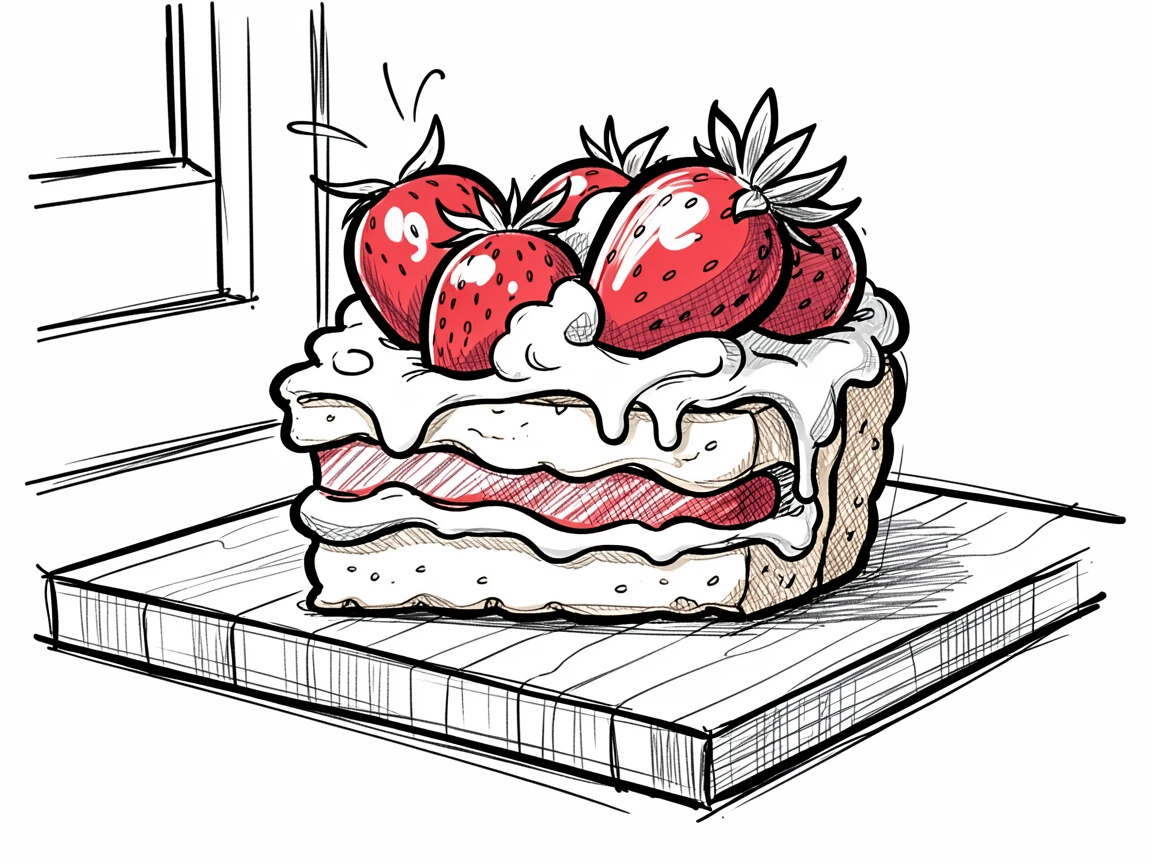 A slice of strawberry shortcake cooling on a windowsill.