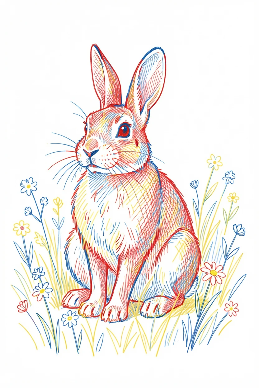 A wild rabbit sitting alert in a meadow full of wildflowers