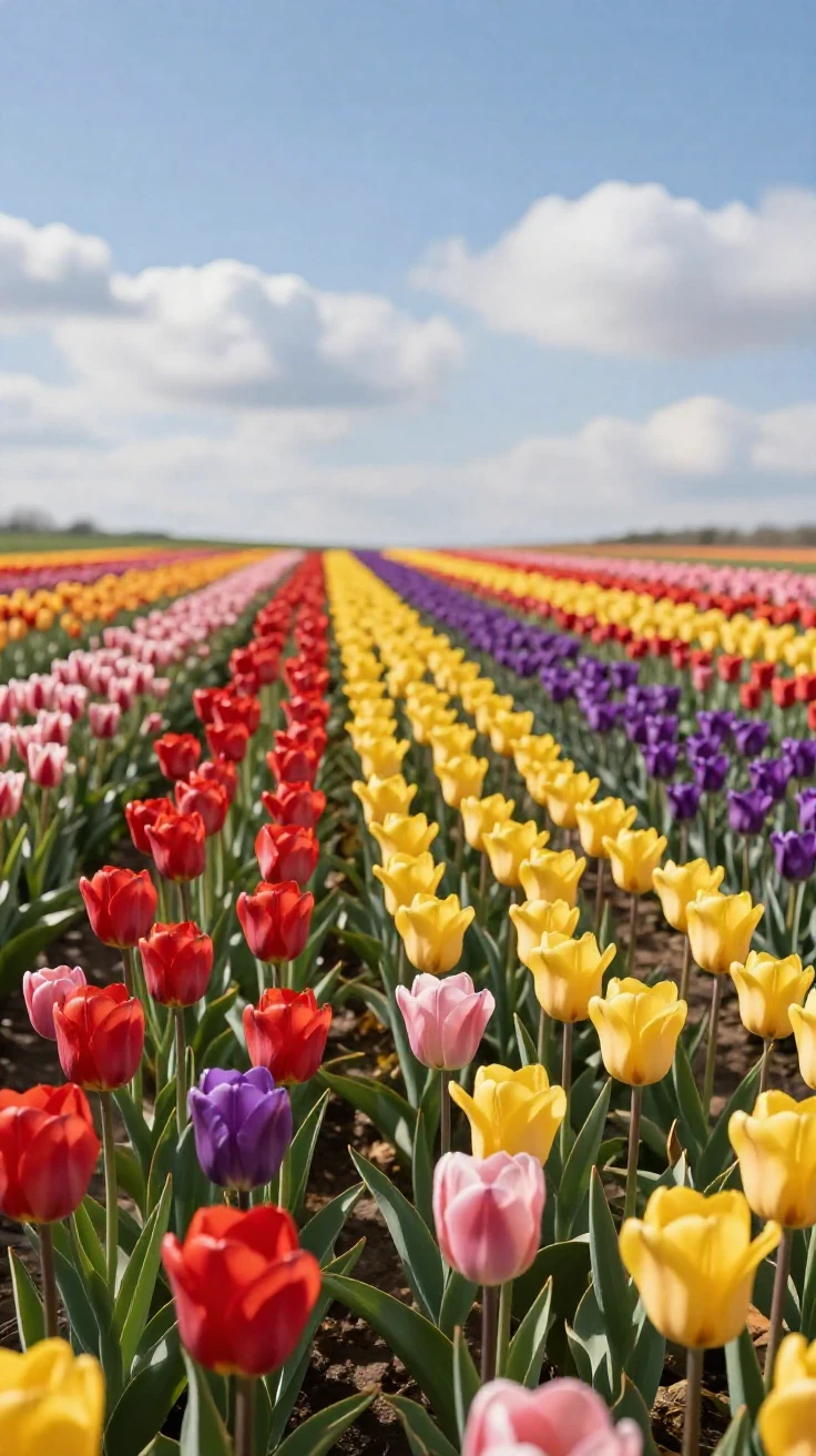 A field of tulips in vibrant stripes of color