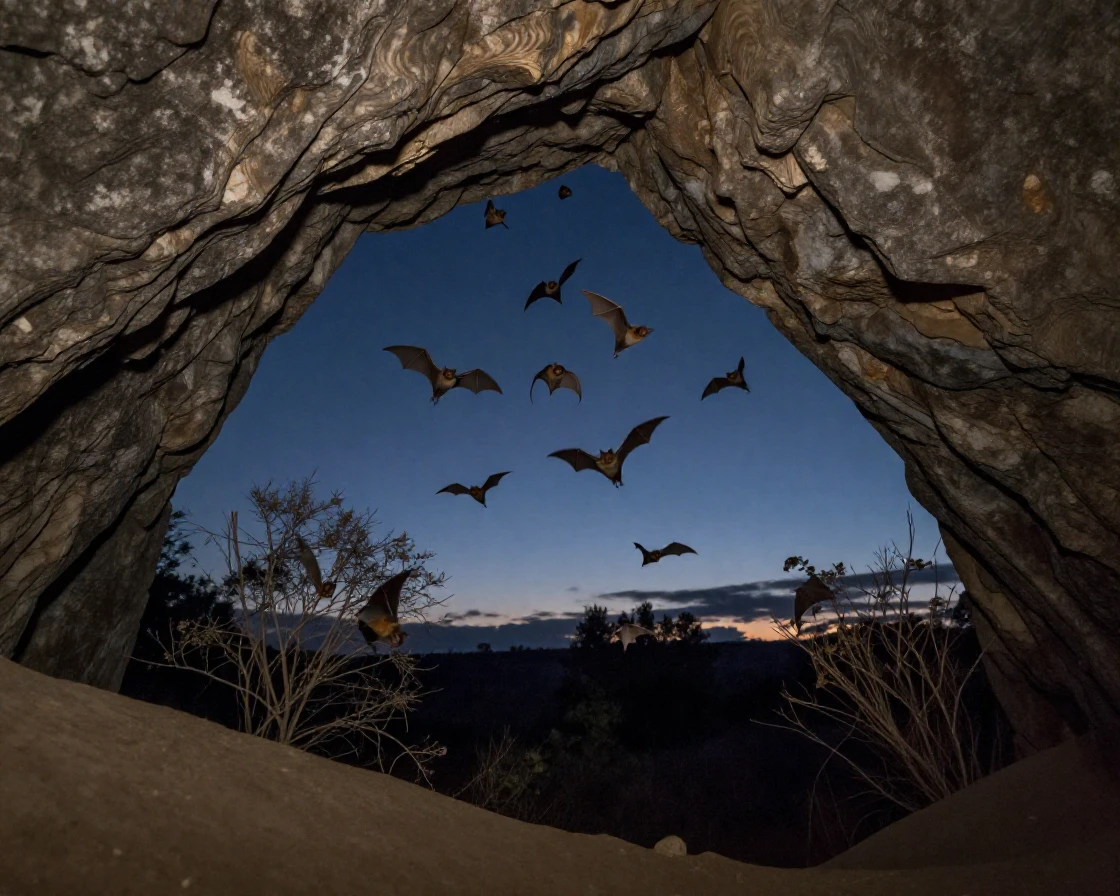 A colony of bats spirals out of a cave mouth against a darkening sky.