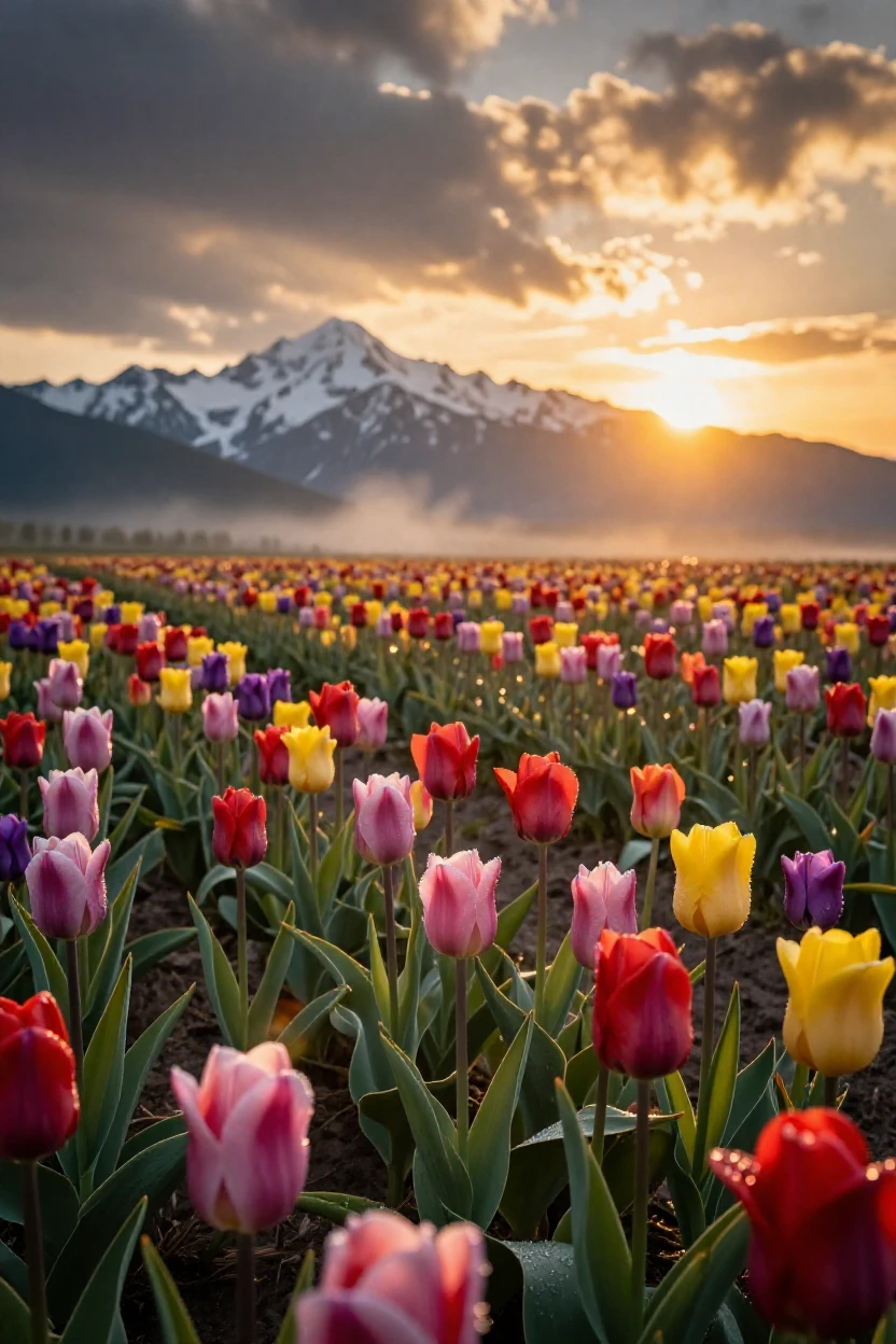 A field of blooming tulips framed by a distant mountain range
