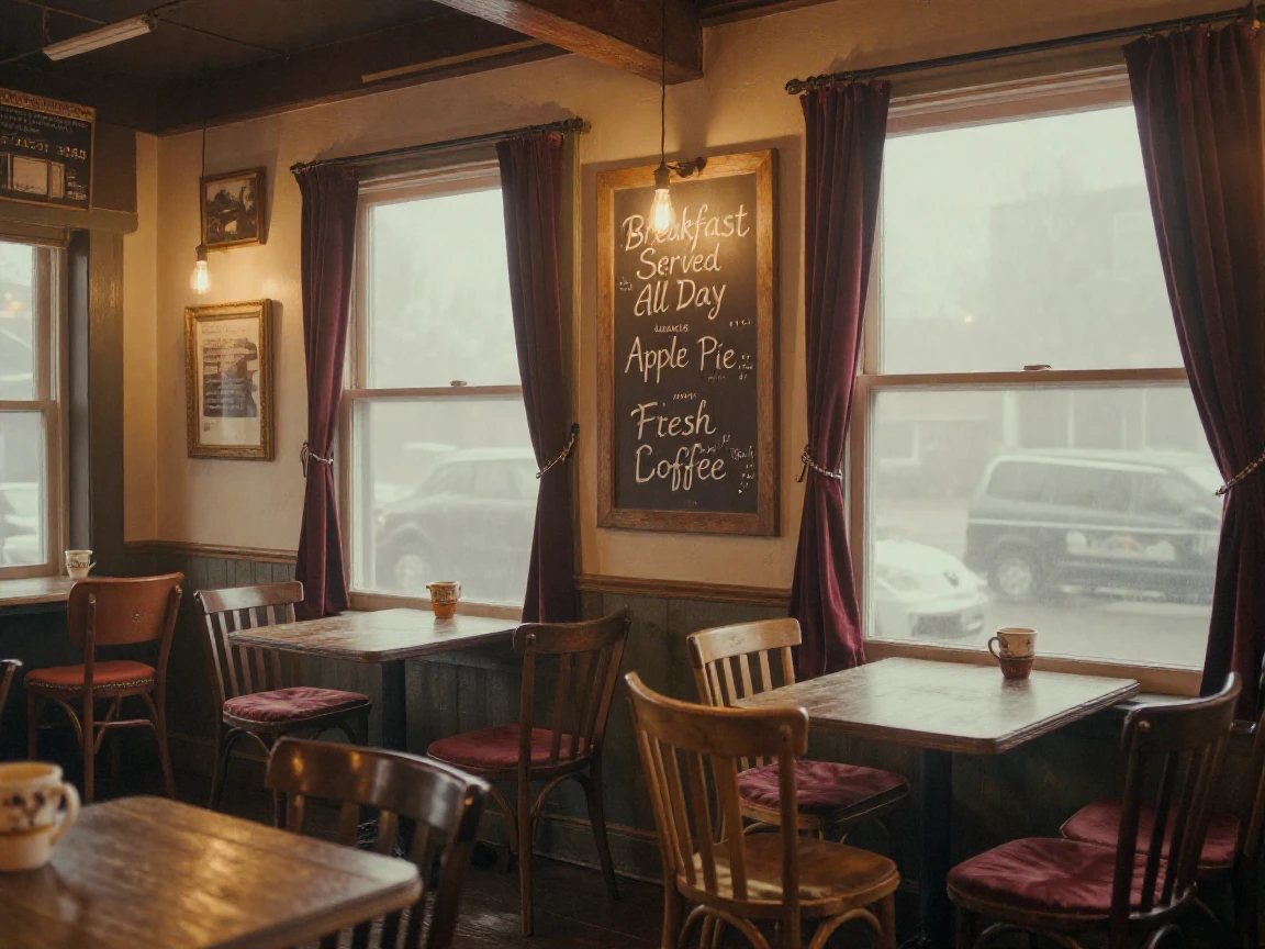 A rustic café with mismatched chairs and chalkboard menus, in the last light of dusk, in thick rolling fog, in the depths of winter, with rich burgundy and gold accents, viewed from across the room.