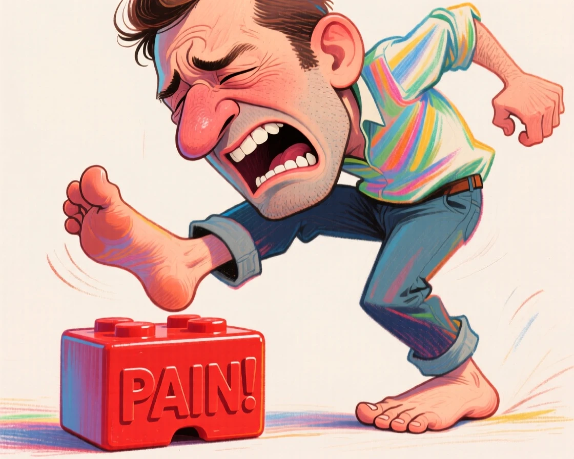 A man doing an exaggerated wince after stepping barefoot on a toy block.