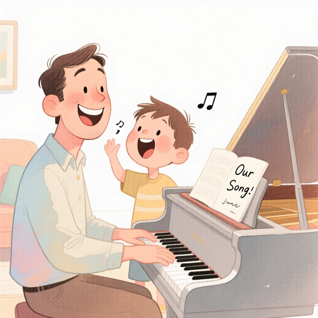 A father and son singing together around a piano at home