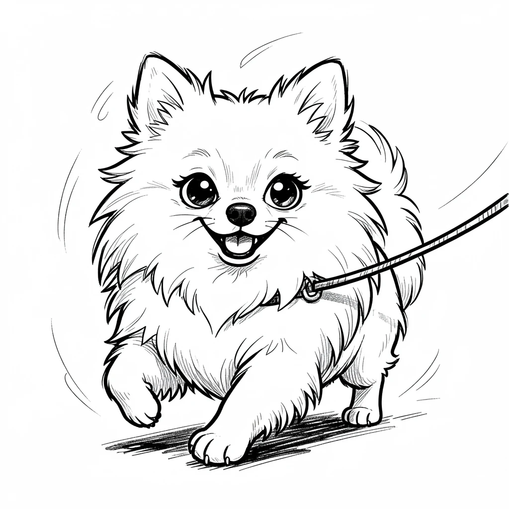 [Cute Animals & Pets] Adorable scene of a fluffy Pomeranian strutting proudly on a leash, bursting with charm and playful energy