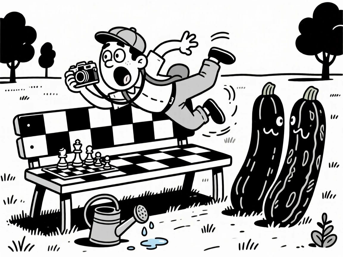 A photographer contorted for the perfect shot, tumbling comically off the board, set at a park bench chessboard. A watering can drips beside oversized zucchini. The image is a playful ode to hobbies people truly love.