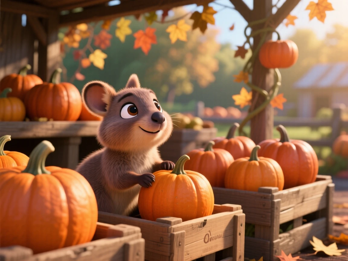 A baby quokka is hiding among rows of pumpkins at a farm stand, wiggling its ears at a sound. A quiet, comforting sweetness surrounds the scene, with a faint smile-like expression.