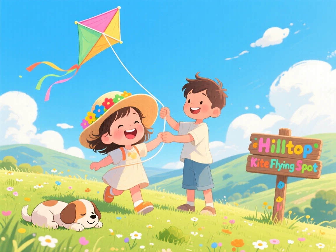 A toddler in a sunhat laughs while flying a kite on a breezy hilltop together with her older brother, while a puppy dozes nearby.