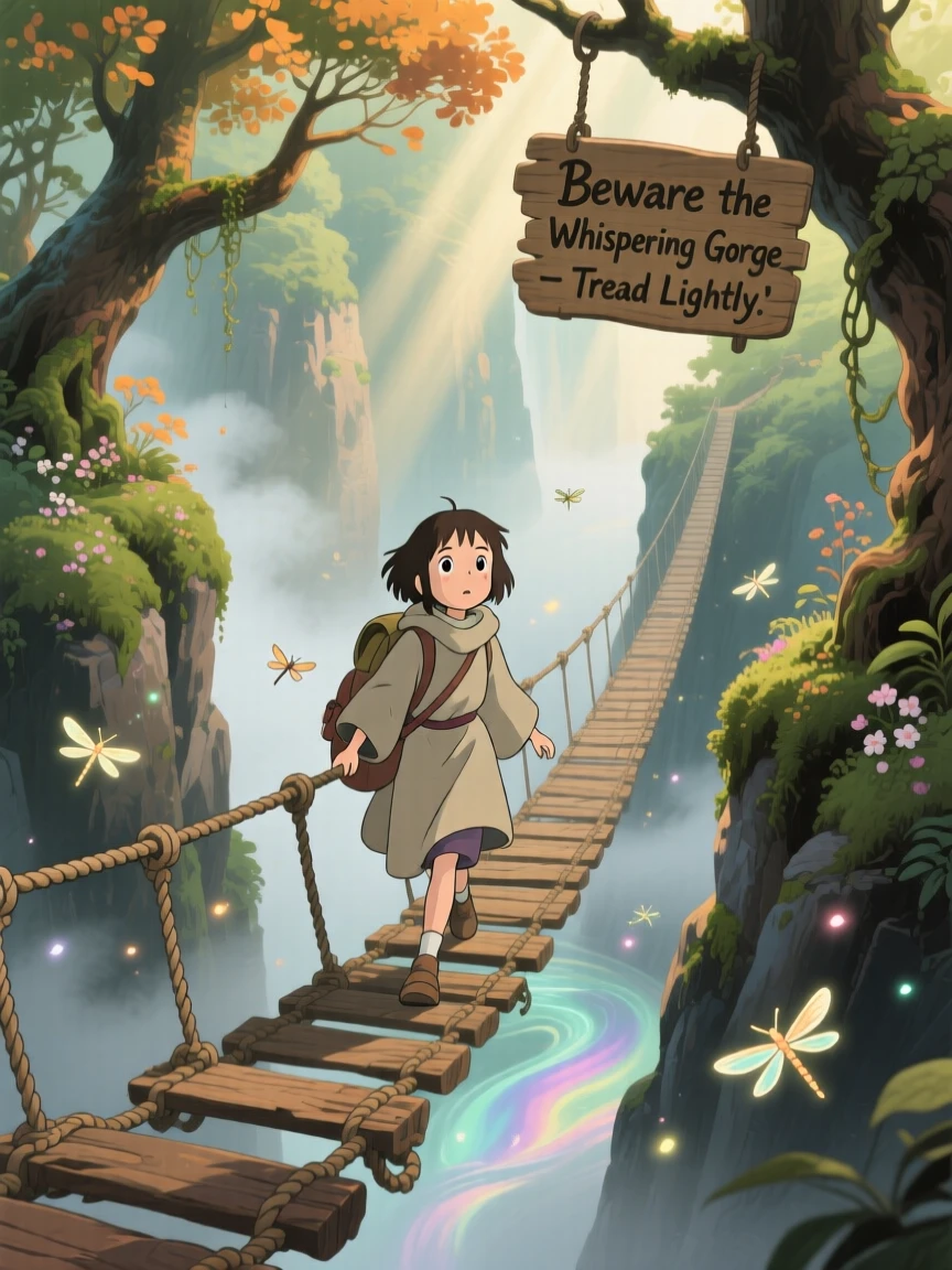 A traveler crossing a rope bridge over a misty canyon, the moment thrilling and full of wonder.