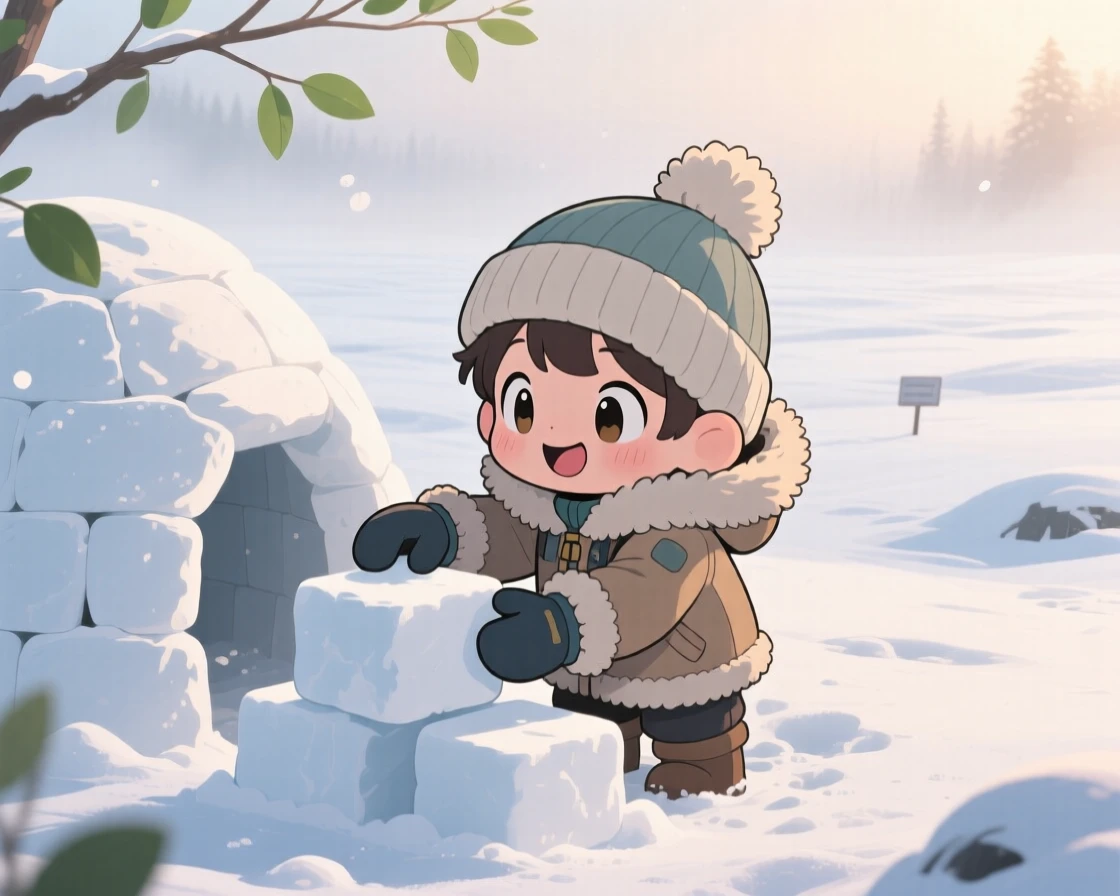 In a vast snowy tundra, a polar explorer is building an igloo with mittened hands on a misty foggy morning, bathed in warm morning light filtering through leaves, expression full of curious excitement. Shot as an over-the-shoulder view.