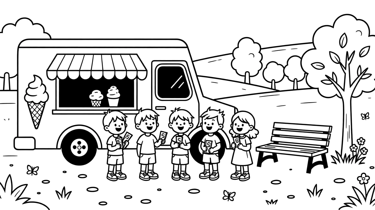 A cheerful ice cream truck parked by a park with children lining up