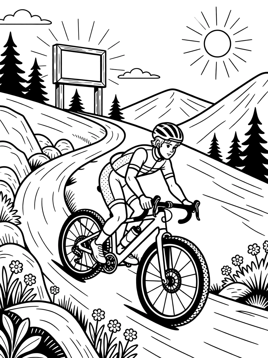 A cyclist racing downhill on a mountain trail, with a scoreboard glowing in the distance.