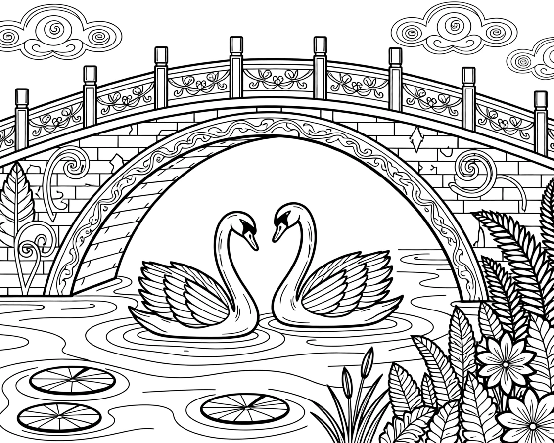 A pair of swans gliding beneath a stone bridge.